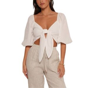 Petal & Pup Celine Top in White size Large Cropped Cotten Linen Long Sleeve NWT